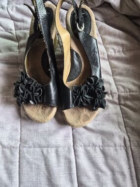 b.o.c. Black Floral Slingback Wedge Mules